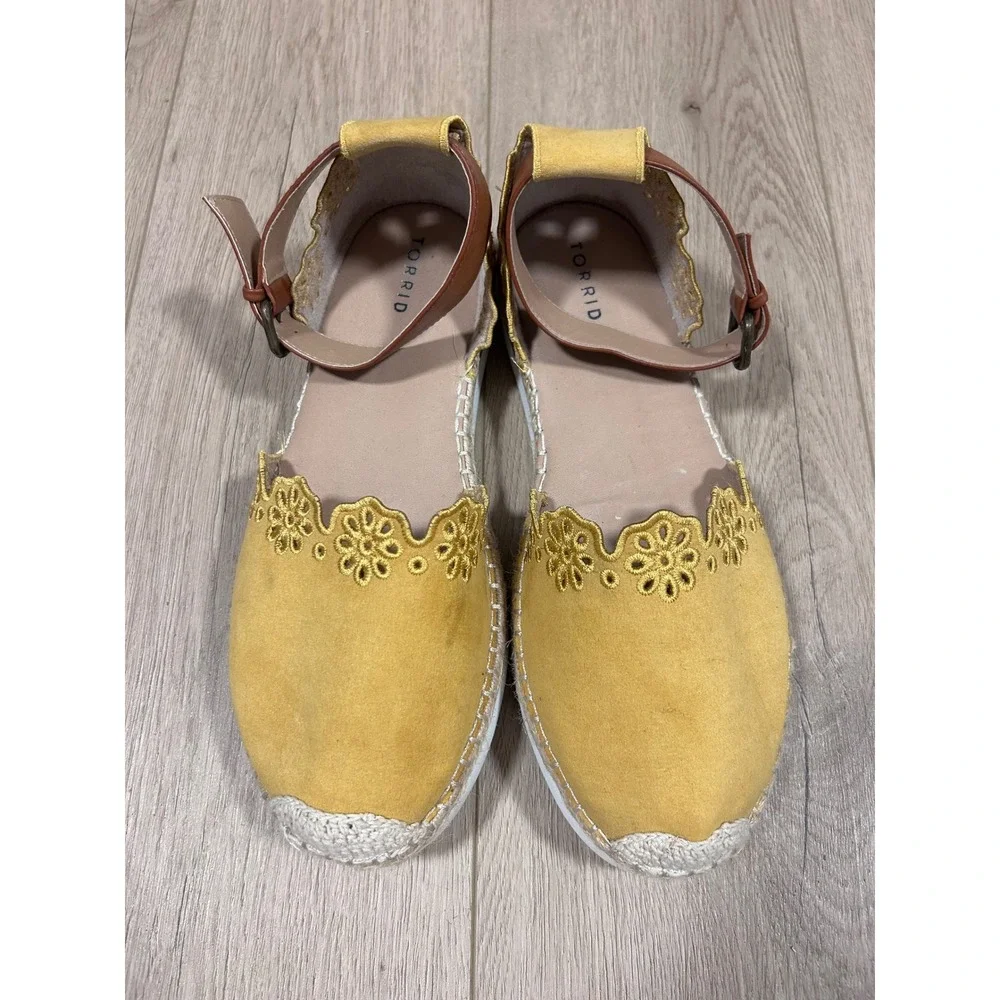 Torrid Mustard Yellow Eyelet Embroidered Espadrille Ankle Strap Flats 10W